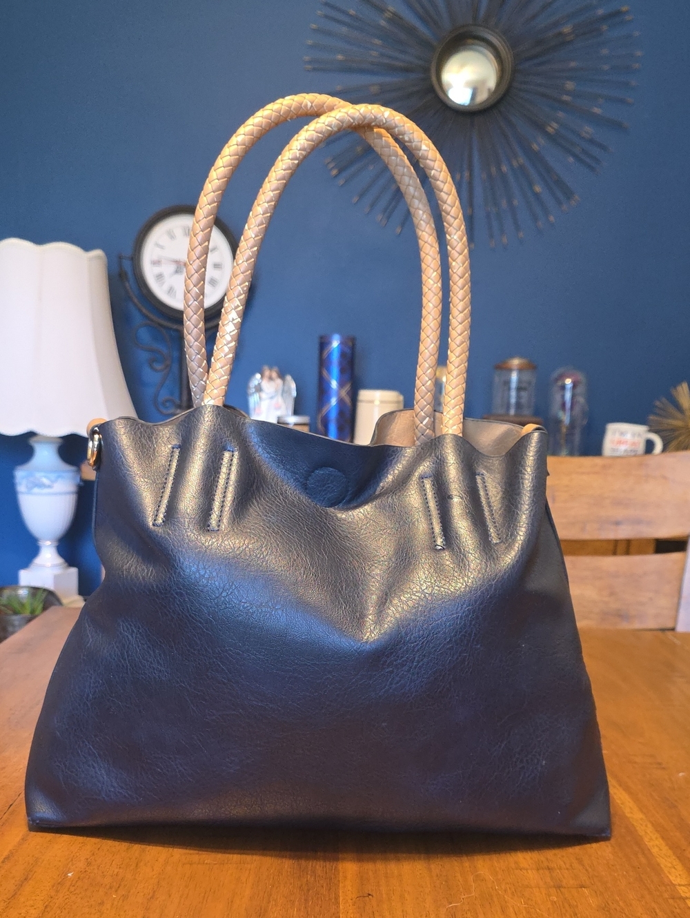 Classic Black Tote Bag with Braided Tan Handles - Picture 3 of 16